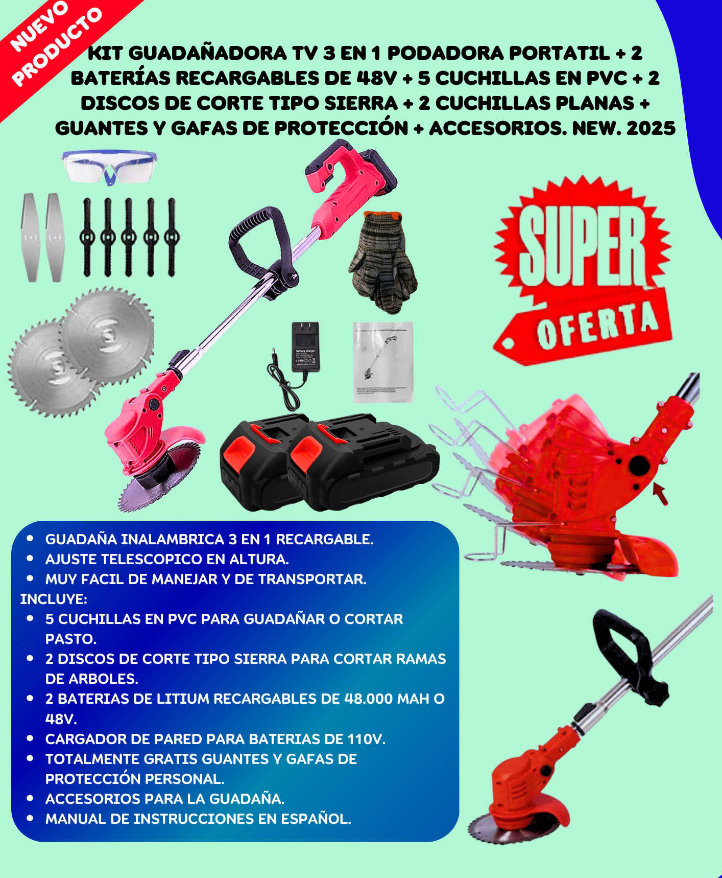 Podadora 3 en 1 - Corta, poda y guadaña con una sola herramienta